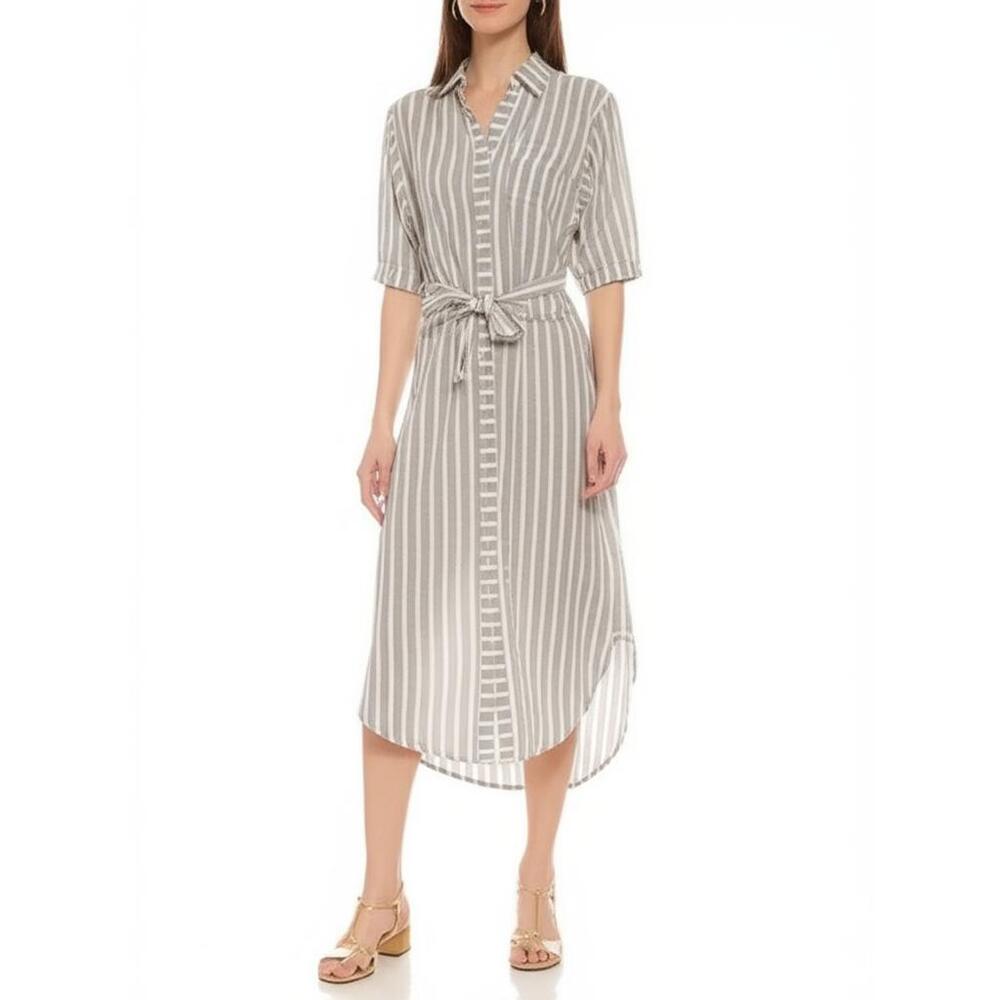 Corey Lynn Calter Shirtdress Women S Gray Striped Collared Button Down Tie Front